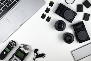 The layout of the videographer.Top view of a variety of equipment for filmmakers