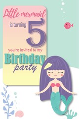 children's invitation for a girl to a birthday party in a nautical style with a mermaid for 5 years