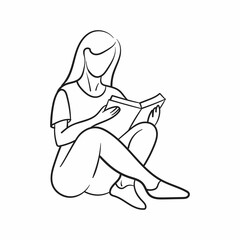 A female character reads a book cross-legged. Line drawing.