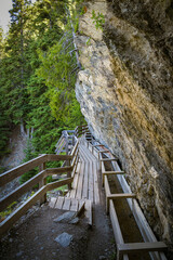 Wooden walking trail on cliff following historic irrigation channel Bisse du Ro in canton of Valais