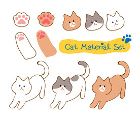 Different colored cats and paws, hand drawn cute cat stretching, suitable for pattern