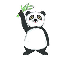a painted happy cute panda holding a bamboo.