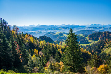 Herbstliche Emmentaler Landschaft mit Berner Alpen