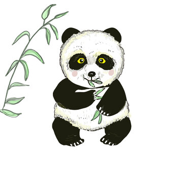 a painted, happy, cute panda eating bamboo.