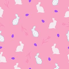 Seamless pattern easter bunnies, eggs, abstract flowers on pink background. Cute baby rabbit repeat print decor., vector eps 10
