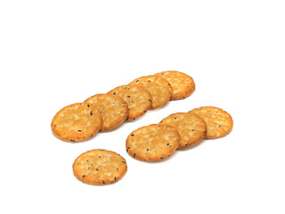 Many delicious crackers on white background, top view
