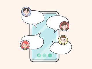 Group of people communication in group chat application on smartphone.