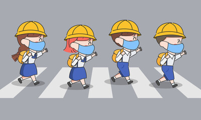 Hand drawn cute elementary school japanese children crossing the crosswalk.