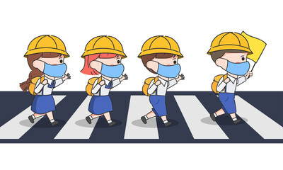 Hand drawn cute elementary school japanese children crossing the crosswalk.