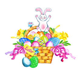 Cute easter bunny and eggs design painted in watercolor. Cartoon colorful Easter basket, egg hunting illustration isolated on white. Easter decoration, greeting, card, invitation
