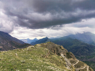 Beautiful breathtaking view of the mountains during a thunderstorm in Dagestan, Caucasus Russia