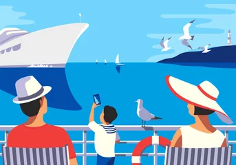 Deurstickers Family enjoy sea trip vacation tourist vector poster. Blue ocean scenic view, cruise liner vessel, seaside nature landscape background. Holiday summer season sea travel leisure relax illustration © lana_samcorp