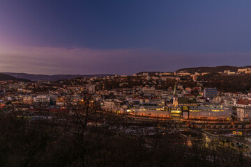 Fototapeta na wymiar View from Vetruse building over Usti nad Labem city in evening after sunset