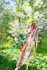 Spring flower wreath with colorful ribbons on cherry tree in garden. floral traditional decor. Symbol of Beltane, Wiccan Celtic Holiday beginning of summer. pagan traditions, magic witch rituals - obrazy, fototapety, plakaty