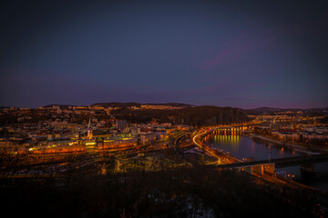 View from Vetruse building over Usti nad Labem city in evening after sunset