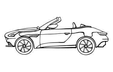 Black and white doodle contour illustration of the convertible car