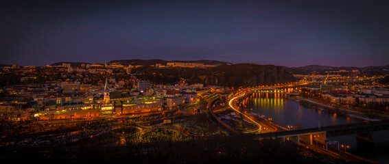 Fototapeta na wymiar View from Vetruse building over Usti nad Labem city in evening after sunset