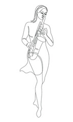 Fototapeta na wymiar Silhouette of beautiful woman playing saxophone in continuous line modern style. Saxophonist girl, slim. Aesthetic decor sketches, posters, stickers, logo. set of vector illustrations.