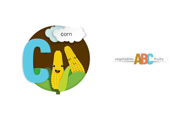 The letter C stands for corn. Delicious fruit and vegetable alphabet using paper cutting technique.