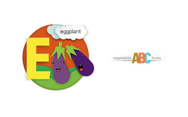 The letter E stands for eggplant. Delicious fruit and vegetable alphabet using paper cutting technique.