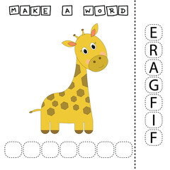 Naklejka na ściany i meble Make the word GIRAFFE from the scattered letters, cut and connect. Educational game for children.