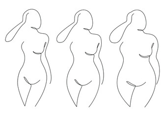 Collection. Silhouette of a figure of a beautiful woman in a modern one-line continuous line style. The girl is thin, slender, and the woman is fat. The lady is standing. Set of vector illustrations.