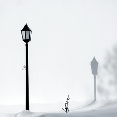 A black street lamp against a white wall. Beautiful retro-style lantern. Shadows on the wall. Winter in the city. Black and white