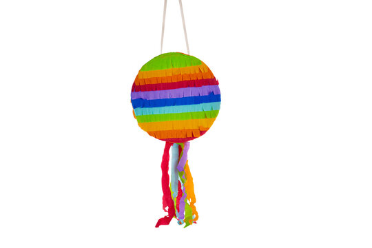 Bright round piñata isolated on white background with copy space