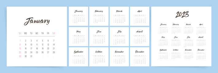 Square simple 12 months business calendar for 2023 year. Square 2023 calendar template design for wall or table use. Weeks starts Sunday. English language. - obrazy, fototapety, plakaty