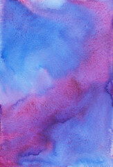 Watercolor deep purple and blue background texture. Stains on paper, hand painted. Beautiful artistic watercolour wallpaper. Liquid backdrop.