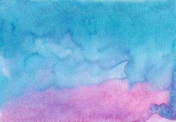 Watercolor deep blue, pink and purple background texture. Stains on paper, hand painted. Beautiful artistic watercolour ombre wallpaper.