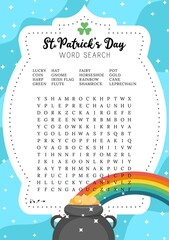 St.Patrick's Day word search puzzle. School party activity card. Logic educational game for learning English words. Printable trivia game, holiday crossword. Suitable for social media post. 