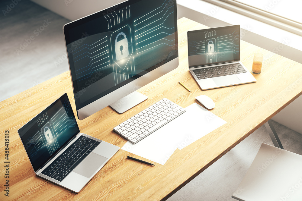 Poster Creative idea concept with lock symbol and microcircuit illustration on modern laptop screen. Protection and firewall concept. 3D Rendering