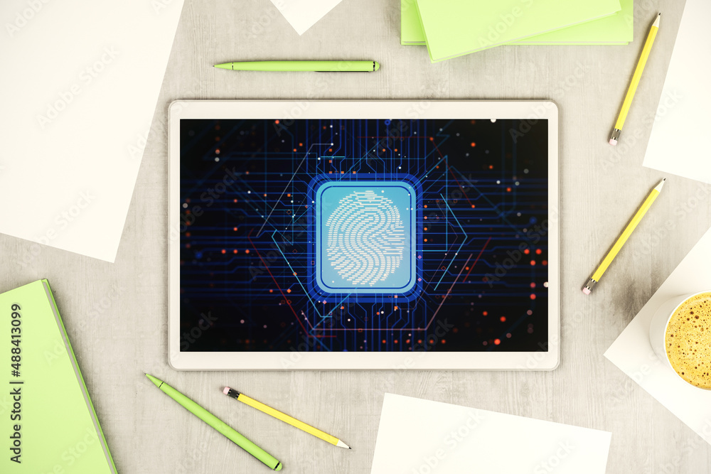 Aufkleber abstract creative fingerprint concept on modern digital tablet screen. top view. 3d rendering