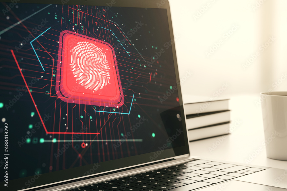 Poster modern computer monitor with abstract creative fingerprint hologram, research and development concep