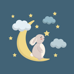 cartoon character cute hare on the moon in the night sky with stars and clouds. vector flat illustration of dreams of cute sleeping happy animals. baby sleep concept