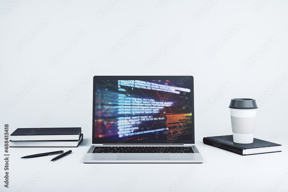 Poster abstract creative coding concept on modern laptop screen. 3d rendering