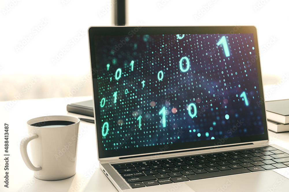 Aufkleber creative abstract binary code sketch on modern laptop monitor, hacking and matrix concept. 3d render