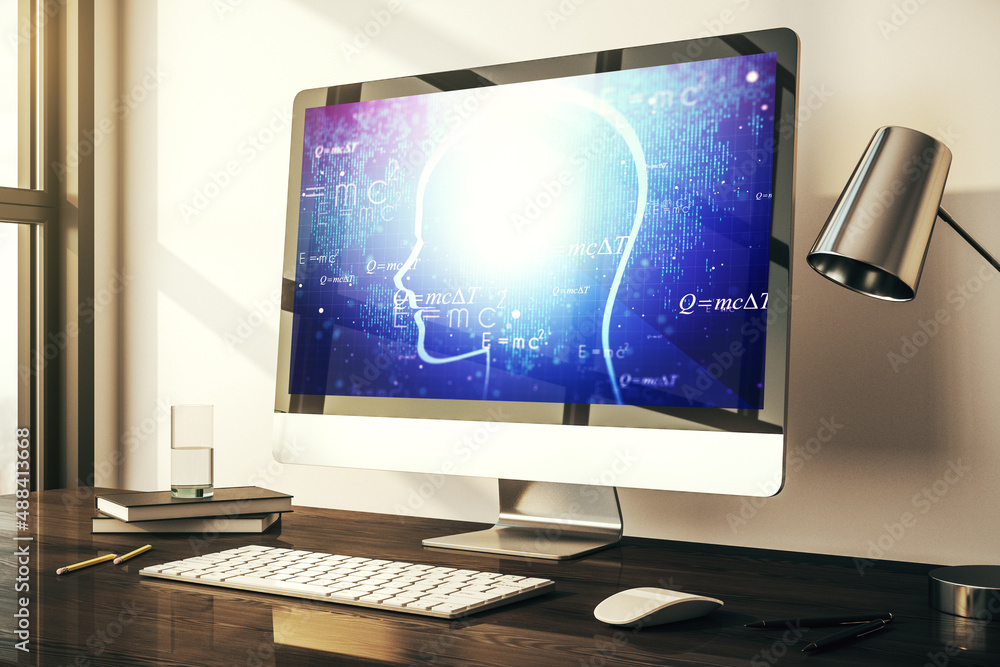 Poster creative artificial intelligence concept with human head sketch on modern computer monitor. 3d rende