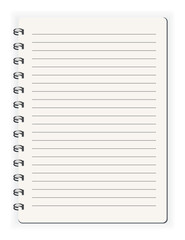 Notebook ined. Sketchbook blank page. Notepad vector isolated mockup. Blank mock up with shadow. Art design clean spiral notepad blank template