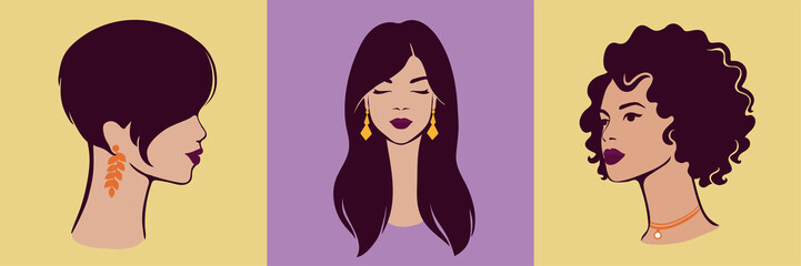 Set of different woman portraits. Avatar of beautiful girls.  Vector illustration.