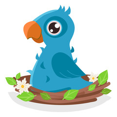 Cute teen chick is sitting in a nest with green leaves and flowers. Vector graphic.