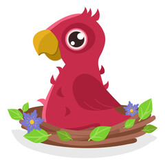 Cute teen chick is sitting in a nest with green leaves and flowers. Vector graphic.