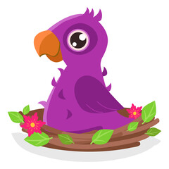 Cute teen chick is sitting in a nest with green leaves and flowers. Vector graphic.