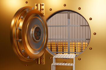 The open door of the huge bank vault. Storage room with gold bars inside. Concept of protection and security. Gold and silver colors. 3d rendering illustration.