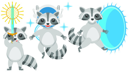 Set Abstract Collection Flat Cartoon Different Animal Raccoons  With A Sword In Hand, Astronaut In Helmet, Running Into The Portal Vector Design Style Elements Fauna Wildlife