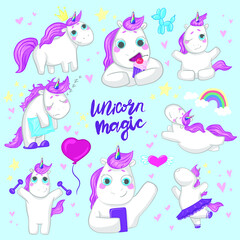 cute children's cartoon set with kind cheerful unicorns. white unicorns with a pink mane and a rainbow horn on a blue background. children's illustration. for girls 