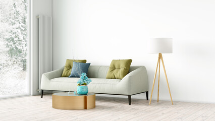 Modern stylish interior of the living room, a room with a wooden floor and a large window. 3D rendering