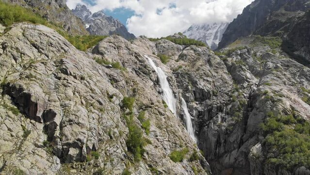 Aerial view of the Shdugra Waterfall in Caucasus mountains in Georgia