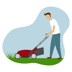 Man cutting grass in garden. Gardener mowing lawn with electric push-mower in backyard. 